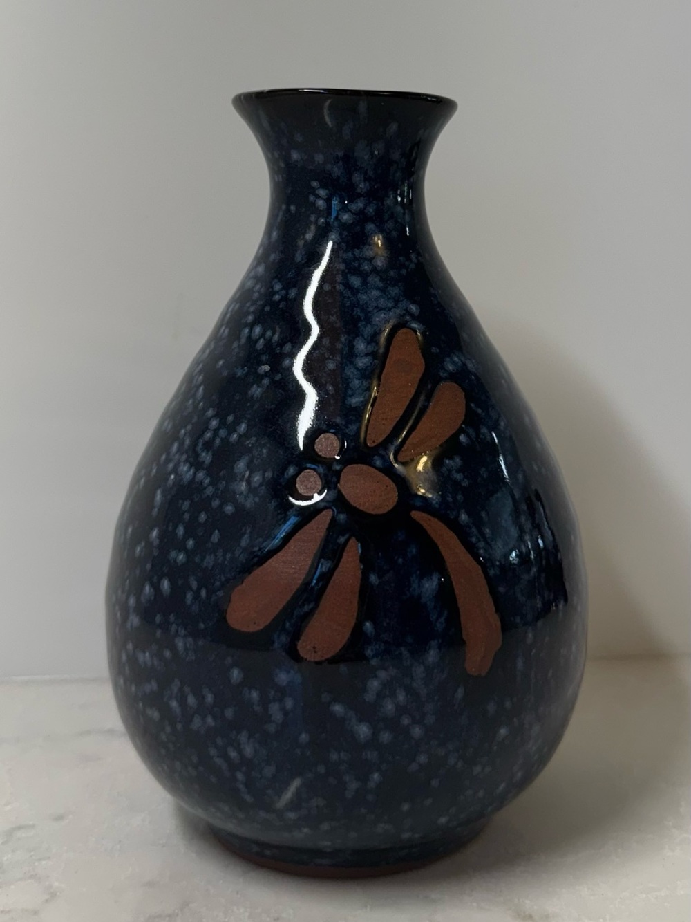 Speckled Navy Ceramic Bud Vase with Brown Dragonfly Accent